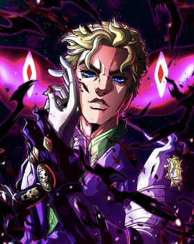 1boy absurdres blonde_hair blue_eyes diamond_wa_kudakenai formal_clothes highres jojo_no_kimyou_na_bouken killer_queen kira_yoshikage nail_polish noonvincent purple_suit red_nails severed_hand short_hair solo stand_(jojo) suit
