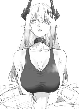 1girl arknights bare_shoulders breasts collarbone commentary crop_top greyscale hair_between_eyes hatching_(texture) highres horns infection_monitor_(arknights) kyoro_(kyoroillust) large_breasts linear_hatching long_hair looking_at_viewer material_growth monochrome mudrock_(arknights) mudrock_(elite_ii)_(arknights) off_shoulder open_mouth oripathy_lesion_(arknights) pointy_ears simple_background sleeveless solo sports_bra steaming_body sweat upper_body white_background