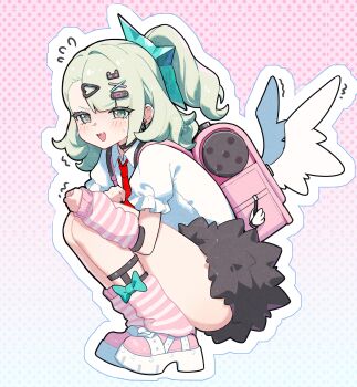 1girl absurdres arm_warmers bandaid bandaid_hair_ornament black_choker black_skirt blush bow choker collared_shirt commentary earrings full_body green_bow green_eyes green_hair hair_ornament heisei_retro highres jewelry leg_warmers looking_at_viewer multiple_hair_clips musical_note_earrings necktie pink_arm_warmers pink_bag pink_leg_warmers ponytail red_necktie shirt skirt squatting striped_arm_warmers striped_leg_warmers sunna_(zenless_zone_zero) symbol-only_commentary tupikeee two-tone_leg_warmers white_shirt winged_bag zenless_zone_zero