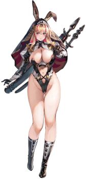 1girl animal_ears animal_hood areola_slip black_boots black_gloves black_leotard black_shrug black_veil blonde_hair boots breasts cameltoe cleavage clothing_cutout colored_inner_hair commentary_request curvy dildo fake_animal_ears full_body gloves groin hairband highleg highleg_leotard highres hood huge_dildo juliet_sleeves knee_boots large_breasts latex latex_boots leotard leotard_peel leotard_pull long_hair long_legs long_sleeves looking_at_viewer multicolored_hair multicolored_shrug narrow_waist navel nishii_(damnedrive) nun nun_headdress original plunging_neckline puffy_sleeves rabbit_ears rabbit_hood red_hair red_streaks red_veil revealing_clothes sex_toy shrug_(clothing) simple_background solo stomach stomach_cutout straight-on strapless strapless_leotard streaked_hair super_highleg tachi-e thighs two-sided_veil two-tone_hair two-tone_shrug veil white_background white_shrug