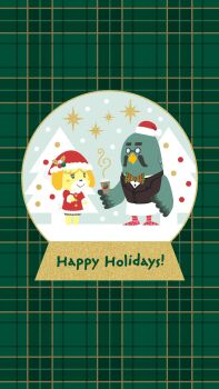 Rule 34 | 1boy, 1girl, animal crossing, animal ears, animal nose, artist request, beak, bird, bird tail, bird wings, black suit, bow, bowtie, brewster (animal crossing), buttons, christmas, christmas tree, coffee, cup, disposable coffee cup, disposable cup, dog, dog ears, dog tail, facial hair, formal clothes, furry, furry female, furry male, furry with furry, glasses, hand up, happy holidays, hat, highres, holly, isabelle (animal crossing), jacket, looking at another, mustache, nintendo, official art, official wallpaper, pigeon, plaid bow, plaid bowtie, plaid clothes, red headwear, red jacket, santa hat, simple background, smile, snow, snow globe, sparkle, steam, suit, tail, talons, tree, wings