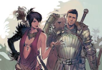 1boy 1girl absurdres alistair_(dragon_age) animal arm_up armor asymmetrical_sleeves black_hair black_nails bone bone_in_mouth bra bracelet breastplate breasts brown_fur cleavage closed_eyes commentary_request cowboy_shot dog dragon_age dragon_age:_origins faulds gauntlets hair_between_eyes hand_on_own_hip headpat highres jewelry kanataria lipstick makeup morrigan_(dragon_age) motion_lines nail_polish necklace parted_lips pauldrons pouch short_hair shoulder_armor single_bare_shoulder smile staff sword underwear weapon weapon_on_back yellow_eyes