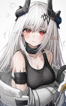 1girl absurdres arknights black_horns black_sports_bra breasts cleavage commentary_request demon_horns earrings hickey highres horns infection_monitor_(arknights) jacket jewelry long_hair looking_at_viewer material_growth mudrock_(arknights) off_shoulder oripathy_lesion_(arknights) pointy_ears pout red_eyes simple_background solo sports_bra tab_head white_background white_hair white_jacket