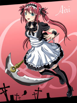 Rule 34 | airi (queen's blade), long hair, maid, maid headdress, queen's blade, red hair, ribbon, sakasana (kaisen teikoku), scythe, thighhighs, twintails