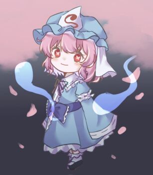 Rule 34 | 1girl, black shoes, blue hat, blue kimono, blush, butterfly-shaped pupils, carin (c arin1012), chibi, chibi only, closed mouth, commentary, falling petals, frilled kimono, frills, full body, hashtag-only commentary, hat, highres, hitodama, japanese clothes, kimono, long sleeves, looking at viewer, mob cap, petals, pink eyes, pink hair, pink petals, saigyouji yuyuko, shoes, sleeve garter, smile, socks, solo, symbol-shaped pupils, touhou, triangular headpiece, white socks, wide sleeves