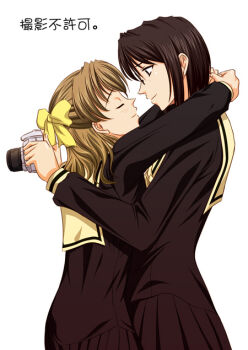 00s 2girls arms_around_neck bow brown_hair camera couple closed_eyes from_side glasses hair_bow holding holding_camera hug looking_at_another maria-sama_ga_miteru milk-candy multiple_girls naitou_shouko pleated_skirt school_uniform serafuku shouko skirt takeshima_tsutako yuri