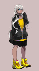 Rule 34 | 1girl, absurdres, alternate costume, bead anklet, black jacket, black skirt, black sleeves, blue eyes, blush stickers, brown background, commentary request, cross-laced footwear, danganronpa (series), danganronpa v3: killing harmony, dark-skinned female, dark skin, eyelashes, full body, hair over shoulder, hand up, highres, jacket, jersey, knees, long hair, long sleeves, looking ahead, low twintails, mi cha iru, miniskirt, open mouth, paint stains, partially unzipped, pleated skirt, shirt, shoes, simple background, skirt, sleeves past fingers, sleeves past wrists, smile, sneakers, solo, sportswear, twintails, white hair, yellow footwear, yellow shirt, yonaga angie, zipper pull tab