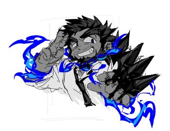 Rule 34 | 1boy, bara, beard, black hair, blue eyes, blue fire, chibi, chibi only, chinstrap beard, cropped torso, dark-skinned male, dark skin, deformed, facial hair, facial scar, fire, forked eyebrows, greyscale, grin, highres, holding, holding kunai, holding weapon, kunai, looking at viewer, loose necktie, male focus, mature male, mestses, monochrome, necktie, sandayu (housamo), scar, scar on cheek, scar on face, sketch, smile, solo, spot color, thick eyebrows, tokyo houkago summoners, v, weapon