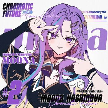 1girl blonde_hair blush breasts colored_inner_hair commentary gradient_hair hololive hololive_indonesia long_hair looking_at_viewer moona_hoshinova multicolored_hair purple_eyes purple_hair sakon04 smile solo starry_hair symbol-only_commentary two-tone_hair virtual_youtuber