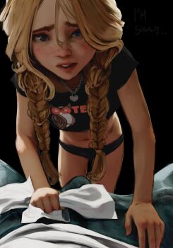 1boy 1girl age_difference animal_print backlighting bent_over black_background black_panties black_shirt blonde_hair braid brown_eyes bulge crop_top cropped_shirt diathorn erection erection_under_clothes flat_chest furrowed_brow groin hair_between_eyes heart heart_necklace highres hooters jewelry leaning_forward leaning_on_person linnea_(baraag) lips logo_print loli long_hair looking_at_viewer midriff navel necklace nose owl_print panties parted_lips pov pov_crotch realistic shirt short_sleeves standing thick_eyebrows twin_braids underwear