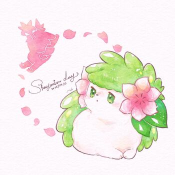 Rule 34 | animal focus, blush, dated, gen 4 pokemon, green eyes, hedgehog, highres, legendary pokemon, lying, miketoevecan, mythical pokemon, nintendo, no humans, petals, pokemon, pokemon (creature), pokemon focus, shaymin, shaymin (land), shaymin (sky), traditional media