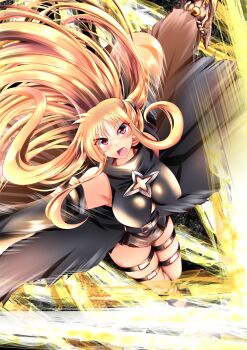 1girl armpits artist_request bare_shoulders black_dress black_sleeves blonde_hair cleavage_cutout clothing_cutout cosplay detached_sleeves dress fate_testarossa high-low_dress high-low_skirt highres holding holding_sword holding_weapon konjiki_no_yami konjiki_no_yami_(cosplay) legs long_hair long_sleeves lyrical_nanoha mahou_shoujo_lyrical_nanoha mahou_shoujo_lyrical_nanoha_strikers open_mouth red_eyes sleeveless sleeveless_dress solo sword thighs to_love-ru twintails weapon
