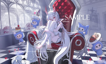 1girl absurdres ass bare_arms barefoot chair chinese_commentary closed_mouth commentary_request commission creature eyes_visible_through_hair hair_between_eyes highres horns hugging_own_legs light_blush long_hair multicolored_hair nail_polish on_chair original red_eyes red_hair red_horns red_nails red_streaks sample_watermark shale sitting sleeveless tail thighhighs toenails toes twitter_username two-tone_hair very_long_hair watermark white_hair white_thighhighs