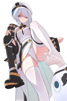 Rule 34 | 1girl, absurdres, bebetang, beret, black survival, blue eyes, boots, eternal return: black survival, feet, hair over one eye, hat, highres, looking at viewer, medium hair, panties, pantyshot, parted lips, see-through clothes, see-through legwear, shaded face, shoes, single boot, single shoe, sissela kyle, soles, thighhighs, toes, underwear, unworn boots, unworn shoes, upskirt, white hair, white thighhighs