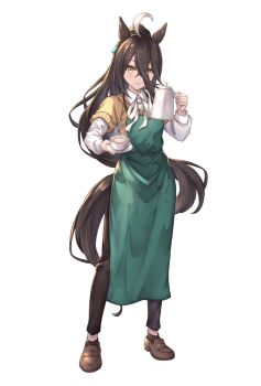 Rule 34 | 1girl, ahoge, animal ears, ankle socks, apron, barista, black socks, brown hair, brown shoes, closed mouth, coffee, collared shirt, cup, full body, green apron, hair between eyes, high ponytail, highres, holding, holding coffee pot, holding plate, horse ears, horse girl, horse tail, long hair, long hair between eyes, long sleeves, looking at viewer, manhattan cafe (umamusume), multicolored hair, neck ribbon, peperoncino-sama, plate, ponytail, ribbon, shirt, shoes, short-sleeved sweater, short sleeves, simple background, smile, socks, solo, steam, sweater, tail, umamusume, very long hair, white background, white hair, white ribbon, white shirt, yellow eyes, yellow sweater