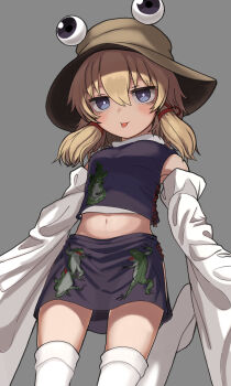 1girl animal_print blonde_hair blue_eyes blush breasts brown_hat commentary_request detached_sleeves frog_print grey_background hair_ribbon hat highres knees_out_of_frame looking_at_viewer midriff moriya_suwako neritch purple_skirt purple_vest red_ribbon ribbon ringed_eyes skirt small_breasts solo stomach thighhighs tongue tongue_out touhou vest white_sleeves white_thighhighs wide_sleeves
