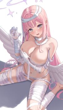 1girl absurdres angel_wings bandages blue_archive blush breasts collarbone commentary_request covering_nipples covering_privates doggo34476335 feathered_wings halo hand_on_own_chest highres large_breasts looking_at_viewer low_wings mika_(blue_archive) mummy_costume navel open_mouth pink_hair pink_halo purple_eyes sitting solo stomach wariza white_wings wings