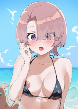 1girl arimura_mao bare_shoulders bikini black_bikini blue_sky blush breast_slip breasts cloud cloudy_sky collarbone commentary_request day gakuen_idolmaster hair_over_one_eye halterneck highres idolmaster juni_(pixiv_112342583) medium_hair nipples ocean one_eye_covered open_mouth outdoors partial_commentary pink_hair purple_eyes sky solo_focus swimsuit teeth upper_teeth_only