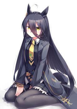 Rule 34 | 1girl, absurdres, ahoge, animal ears, black coat, black hair, black pantyhose, black shirt, black skirt, blush, closed mouth, coat, collared shirt, commentary request, ear tag, earrings, hair between eyes, highres, horse ears, horse girl, horse tail, jewelry, kanzakietc, long bangs, long hair, long hair between eyes, long sleeves, looking at viewer, manhattan cafe (creeping shadow) (umamusume), manhattan cafe (umamusume), multicolored hair, necktie, pantyhose, shirt, simple background, single earring, sitting, skirt, solo, tail, umamusume, very long hair, wariza, white background, white hair, yellow eyes, yellow necktie