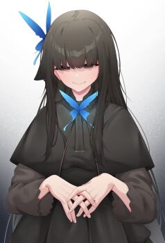 Rule 34 | 1girl, absurdres, adachi t (xadachit), black background, black dress, black hair, blue butterfly, brown eyes, bug, butterfly, butterfly hair ornament, butterfly on neck, closed mouth, commentary, dress, english commentary, girls' frontline, gradient background, hair ornament, highres, insect, interlocked fingers, long hair, looking at viewer, lunasia (girls' frontline), simple background, smile, solo, two-tone background, white background