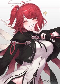 1girl ahoge arknights black_gloves black_jacket blush commentary_request detached_wings dutch_angle energy_wings exusiai_(arknights) exusiai_the_new_covenant_(arknights) fingerless_gloves gloves grin halo highres jacket looking_at_viewer one_side_up open_clothes open_jacket orange_eyes red_hair shirt sicsic49 smile solo traditional_halo twitter_username v white_halo white_shirt wings