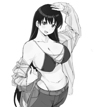 1girl arato_nagi arm_above_head bikini black_hair breasts cleavage cross-laced_bikini cross-laced_clothes earrings highres jacket jewelry large_breasts light_blush long_hair looking_at_viewer monochrome navel pants removing_jacket ruri_no_houseki see-through_clothes see-through_jacket smile solo standing straight_hair strap_gap stud_earrings swimsuit utaha_rizumu very_long_hair