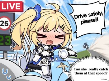 Rule 34 | > <, 2girls, 2others, ahoge, armor, artist request, bicycle, blonde hair, blue dress, blue flower, blush, cloud, commentary, day, dress, dust cloud, english commentary, english text, fake screenshot, flower, freesia (stella sora), gauntlets, greaves, hair flower, hair ornament, hairclip, highres, long hair, motion lines, motor vehicle, multiple girls, multiple others, nako775, nose blush, official art, open mouth, outdoors, parallel hairclips, pleated dress, raised inner eyebrows, riding, riding bicycle, riding scooter, road sign, scooter, shield, short dress, sidelocks, sign, solo focus, speed limit sign, stella sora, sweat, sweatdrop, tilia (stella sora)