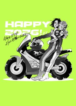 Rule 34 | 2026, 2girls, arai sumiko, arm around waist, biker clothes, bikesuit, bodysuit, commentary, commentary request, english commentary, green background, greyscale with colored background, hand on another's thigh, helmet, highres, kininatteru hito ga otoko ja nakatta, koga mitsuki, long hair, mixed-language commentary, motor vehicle, motorcycle, motorcycle helmet, multiple girls, new year, on motorcycle, one eye closed, oosawa aya, short hair, tongue, tongue out, translation request