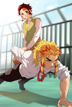 2boys black_pants black_shoes blonde_hair blue_sky blurry blurry_background brown_eyes brown_hair brown_pants carrying carrying_person closed_mouth collared_shirt colored_tips commentary_request contemporary day dress_shirt earrings exercising forked_eyebrows green_necktie green_sweater_vest hanafuda_earrings hashimoto_(yanagi-momo) jewelry kamado_tanjirou kimetsu_no_yaiba long_hair long_sleeves looking_at_another looking_at_viewer looking_down male_focus multicolored_hair multiple_boys necktie one_arm_push-ups outdoors pants push-ups red_eyes red_hair red_necktie rengoku_kyoujurou scar scar_on_face scar_on_forehead school_uniform shirt shoes short_hair sitting sitting_on_person sky sleeves_rolled_up smile streaked_hair sweat sweater_vest teacher teacher_and_student thick_eyebrows two-tone_hair veins veiny_arms white_shirt wing_collar yaoi yellow_eyes
