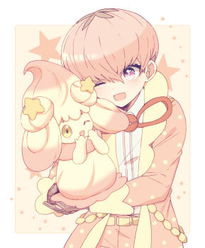 Rule 34 | 1boy, absurdres, alcremie, alcremie (ruby swirl), alcremie (star sweet), arms up, belt, bowl cut, coat, commentary request, cowboy shot, dress shirt, eyelashes, gen 8 pokemon, hair between eyes, highres, holding, holding pokemon, male focus, nintendo, one eye closed, open clothes, open coat, open mouth, ortega (pokemon), pants, pink coat, pink eyes, pink hair, pink pants, pokemon, pokemon (creature), pokemon sv, shirt, shirt tucked in, solo, star (symbol), suzukinoko1021, white shirt, yellow belt