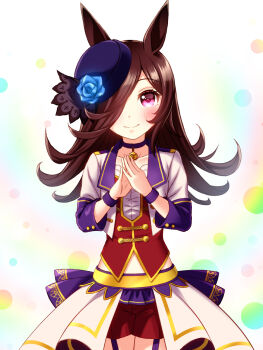 1girl animal_ears blue_flower blue_rose blush bodice breasts brown_hair choker closed_mouth collarbone commentary_request corset cropped_jacket flipped_hair flower garter_straps hair_over_one_eye hat hat_flower highres horse_ears horse_girl jacket long_bangs long_hair looking_at_viewer no_tail overskirt pendant_choker purple_choker purple_eyes purple_garter_straps red_corset red_shorts rice_shower_(umamusume) rose shirt shorts small_breasts smile solo starting_future_(umamusume) sugimotty_nova tilted_headwear umamusume white_jacket white_shirt wristband