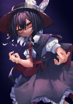1girl absurdres alternate_eye_color black_capelet black_hair black_hat black_skirt bow capelet collar evil_smile fang frills hair_between_eyes hair_bow hat hat_bow highres muraryo nail_polish necktie night red_eyes red_nails shirt skirt sleeve_cuffs smile solo star_(sky) touhou usami_renko white_bow white_collar white_shirt
