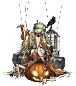 1girl animal arm_up artificial_arms artist_request bandages bird birdcage blonde_hair brave_nine breasts cage cell crow doll full_body halloween highres ing9 joints lecliss long_hair navel official_art one_eye_covered pumpkin puppet_strings red_eyes screw shoes sitting small_breasts stitches transparent_background very_long_hair