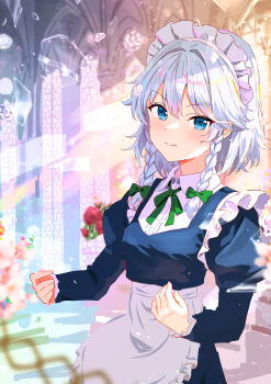 1girl absurdres apron blue_dress blue_eyes blush bow bowtie braid broken_glass closed_mouth collared_shirt commentary_request dress glass green_bow green_bowtie grey_hair hair_bow highres ibushi_roun izayoi_sakuya juliet_sleeves long_hair long_sleeves looking_at_viewer maid maid_headdress puffy_sleeves shirt smile solo touhou twin_braids waist_apron white_apron white_shirt