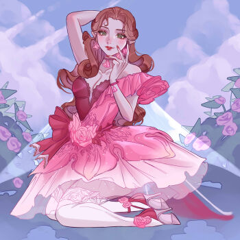 1girl absurdres alternate_costume animification blush breasts brown_hair choker cleavage disney_fairies disney_fairies_(movie_series) dress fairy fairy_wings fantasy fashion fingernails flower high_heels highres long_hair luverihu parted_lips pink_flower pointy_ears red_lips rosetta_(disney) thighhighs wings