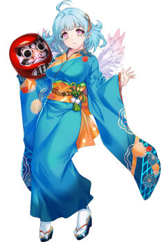 1girl ahoge blue_hair blue_kimono breasts choukou_(alicesoft) choukou_taisen_escalation_heroines daruma_doll feathered_wings full_body highres japanese_clothes kimono large_breasts min-naraken official_art polaris_(escalation_heroine) print_kimono purple_eyes sandals short_hair solo tachi-e wings yukata