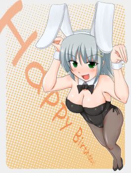 1girl aizawa_sakuya animal_ears blush bow bowtie breasts cleavage fake_animal_ears green_eyes grey_hair grin hayate_no_gotoku! large_breasts looking_at_viewer pantyhose playboy_bunny ponponmaru rabbit_ears rabbit_tail shoes short_hair smile solo