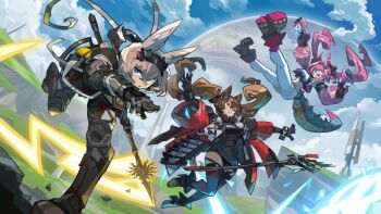 3girls angelina_(arknights) animal_ear_fluff animal_ears arknights arknights:_endfield avywenna_(arknights) belt black_boots black_gloves black_horns black_thighhighs boots bracelet breasts brown_hair cloud coat commentary cropped_jacket day dress dual_wielding elbow_gloves english_commentary floating_clothes floating_hair fold-over_boots fox_ears fox_girl from_behind gilberta_(arknights) gloves grass grey_dress grey_hair gun hair_intakes high_belt holding holding_polearm holding_staff holding_weapon horns impossible_clothes impossible_dress infection_monitor_(arknights) jacket jewelry jumping long_hair looking_at_another looking_at_viewer medium_breasts midriff multicolored_gloves multicolored_horns multiple_girls niking one_eye_closed open_clothes open_coat open_jacket originium_(arknights) originium_arts_(arknights) outdoors outstretched_arms pants pink_gloves pink_horns pink_jacket planet polearm rabbit_ears rabbit_girl red_coat red_pupils sky spear spread_arms staff thighhighs two-tone_gloves two-tone_horns weapon white_pants wide_sleeves yvonne_(arknights)