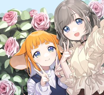 2girls :d animal_ears arched_bangs arm_up black_bow black_choker blue_eyes blue_sky blue_vest blush bow brown_shirt choker closed_mouth collarbone colored_inner_hair commentary day double_v flower frilled_shirt frills grey_hair hair_bow hand_up hands_up indie_virtual_youtuber long_sleeves looking_at_viewer mau-chan_(7name) medium_hair mouse_ears mouse_girl mouse_tail multicolored_hair multiple_girls open_mouth orange_hair outdoors pendant_choker pink_flower pink_rose purple_hair raised_eyebrows rose rose_bush selfie shirt short_eyebrows side-by-side sidelocks sky smile star_(symbol) star_in_eye swept_bangs symbol-only_commentary symbol_in_eye tail tail_raised tareme thick_eyebrows three-quarter_sleeves umeno upper_body v vest virtual_youtuber white_shirt yamada_suzume