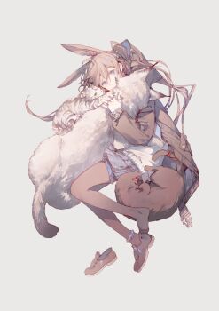 1girl absurdres amiya_(arknights) animal animal_ears arknights black_jacket black_pantyhose black_shoes blue_eyes brown_hair cat covered_mouth full_body green_eyes green_skirt grey_background highres holding holding_animal holding_cat hood hood_down hug jacket jewelry long_hair long_sleeves looking_at_viewer lynx min_(120716) multiple_rings pantyhose plaid_clothes plaid_skirt rabbit_ears rabbit_girl ring shoes simple_background single_shoe skirt solo sweater white_sweater