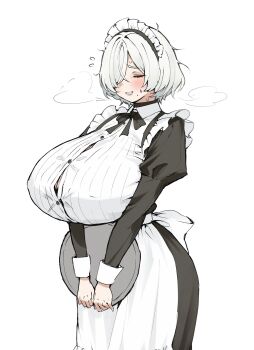 1girl apron asymmetrical_bangs black_bow black_dress blush bow bra bra_peek breasts button_gap clenched_teeth closed_eyes commentary_request dress flying_sweatdrops frilled_sleeves frills gigantic_breasts hair_over_one_eye highres holding holding_polearm holding_weapon karo_mina_(shiina_rei) long_dress long_sleeves maid maid_apron maid_day maid_headdress mole mole_under_mouth original polearm puffy_sleeves shiina_rei short_hair simple_background solo sweat teeth underwear v_arms waist_apron weapon white_apron white_background white_hair white_wrist_cuffs wrist_cuffs