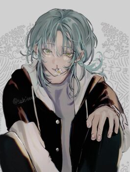 1boy black_jacket blood blue_hair commentary_request flower green_eyes grey_background highres hood hooded_jacket jacket looking_at_viewer male_focus medium_hair mouth_hold nosebleed open_clothes open_jacket open_mouth original parted_bangs sahi00000 solo tearing_up white_flower