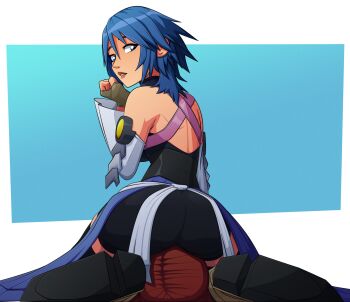 2girls aqua_(kingdom_hearts) ass blue_eyes blue_hair detached_sleeves female_focus fingerless_gloves full_body gloves highres kairi_(kingdom_hearts) kingdom_hearts kneeling looking_back matching_hair/eyes multiple_girls ravenravenraven short_hair simple_background sitting sitting_on_face sitting_on_person yuri