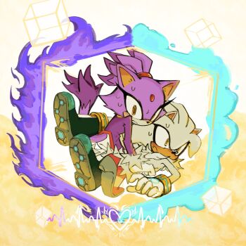 1boy 1girl blaze_the_cat blush boots commentary english_commentary fire furry furry_female furry_male girl_on_top gloves hetero high_heels highres korowind purple_fire silver_the_hedgehog sonic_(series) sweatdrop telekinesis trapped white_gloves yellow_eyes
