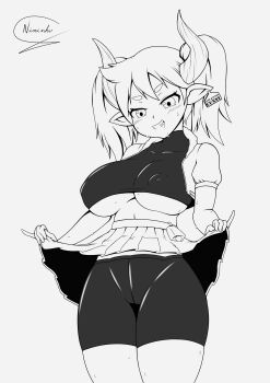 1girl absurdres alternate_breast_size artist_name bike_shorts bike_shorts_under_skirt breasts clothes_lift covered_erect_nipples draph drawfag english_text grin highres horns jacket large_breasts legs lifting_own_clothes looking_down midriff monochrome naughty_face open_clothes open_jacket pointy_ears saru_getchu sayaka_(saru_getchu) seductive_smile skirt skirt_lift smile solo sony sweat thick_thighs thighs traditional_media twintails underboob unzipped wide_hips