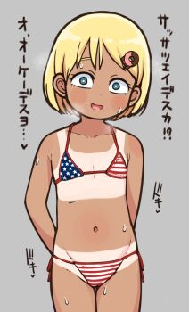1girl american_flag american_flag_bikini american_flag_print bikini blonde_hair blue_eyes blush_stickers flag_print flag_print_bikini flat_chest grey_background hair_ornament hairclip highres leonardo_16sei loli navel original print_bikini short_hair simple_background sweat swimsuit tan tanline