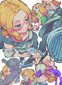 1boy 1girl absurdres andrich_galam black_boots blonde_hair blush boots bright_pupils capri_pants colored_tips commentary converse english_commentary faceless faceless_male facepaint foreshortening from_above from_below furrowed_brow grin half-closed_eyes hands_up heart heart_sticker highres holding holding_letter holding_paintbrush holding_poke_ball hug letter long_hair love_letter low_ponytail mina_(pokemon) multicolored_hair multiple_views nintendo off-shoulder_shirt off_shoulder outstretched_arm oversized_clothes oversized_shirt paint_in_hair paint_on_clothes paint_splatter paint_stains paintbrush pants parted_bangs pink_hair pink_tank_top poke_ball poke_ball_(basic) pokemon pokemon_sun_and_moon ponytail purple_eyes pursed_lips revision shirt shoes short_sleeves sketchbook smile sticker sweatdrop tank_top torn_clothes torn_pants v-shaped_eyebrows white_pupils