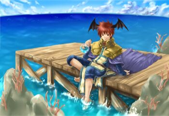 1boy 2000s_(style) armor barefoot black_wings blue_pants blue_shirt blue_sky cape closed_mouth cloud commentary_request coral cross cross_print crusader_(ragnarok_online) day demon_wings flask full_body head_wings holding holding_flask looking_at_viewer male_focus namiki_wakaba ocean outdoors pants pauldrons pier potion purple_cape ragnarok_online red_eyes red_hair rock shirt shoulder_armor sitting sky smile solo tabard water white_tabard wings