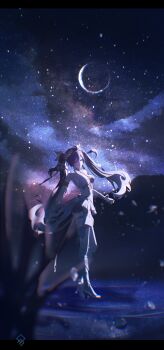 1girl absurdres ancient_greek_clothes armlet artist_logo bare_shoulders blue_eyes blue_hair blue_theme breasts chromatic_aberration commentary english_commentary greco-roman_clothes highres iuno_(wuthering_waves) jewelry laurel_crown letterboxed logo long_hair looking_at_viewer medium_breasts moon outdoors quragenomiken ripples skirt solo standing thighlet twintails vambraces wide_shot wuthering_waves