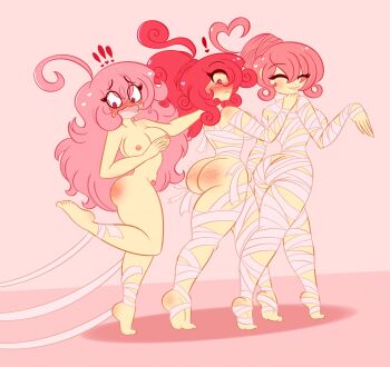 3girls ahoge ass ass_blush back bandages barefoot blush breasts butt_crack closed_eyes completely_nude embarrassed from_behind hair_bun hand_on_another's_shoulder harmony_valentine_(limbros) heart highres limbros long_hair looking_back looking_down melody_valentine_(limbros) mother_and_daughter multiple_girls mummy_costume nipples notice nude nudist open_mouth original pink_background pink_hair ponytail pubic_hair red_eyes red_hair rhapsody_valentine_(limbros) shiny_skin simple_background soles spiral_hair tiptoes